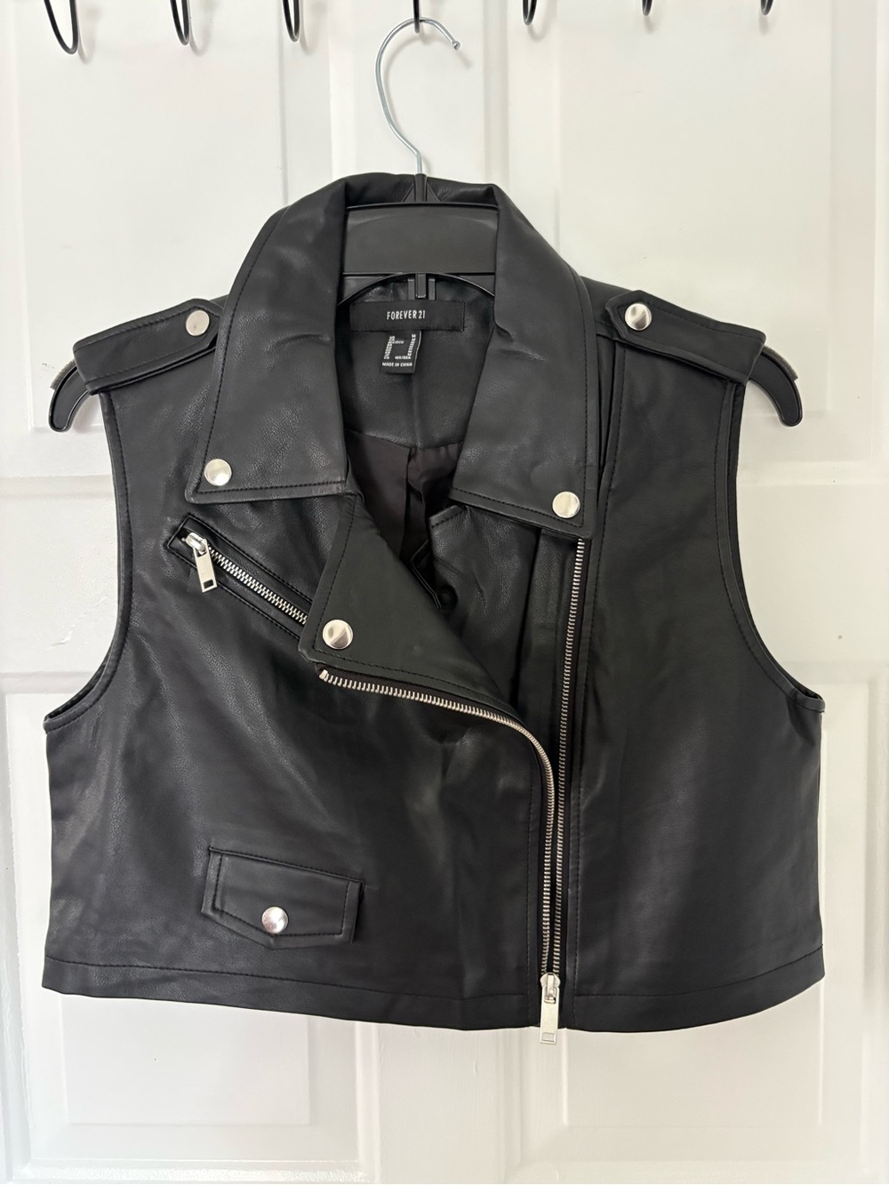 Forever 21 Black Faux Leather Biker Vest with Silver Hardware
